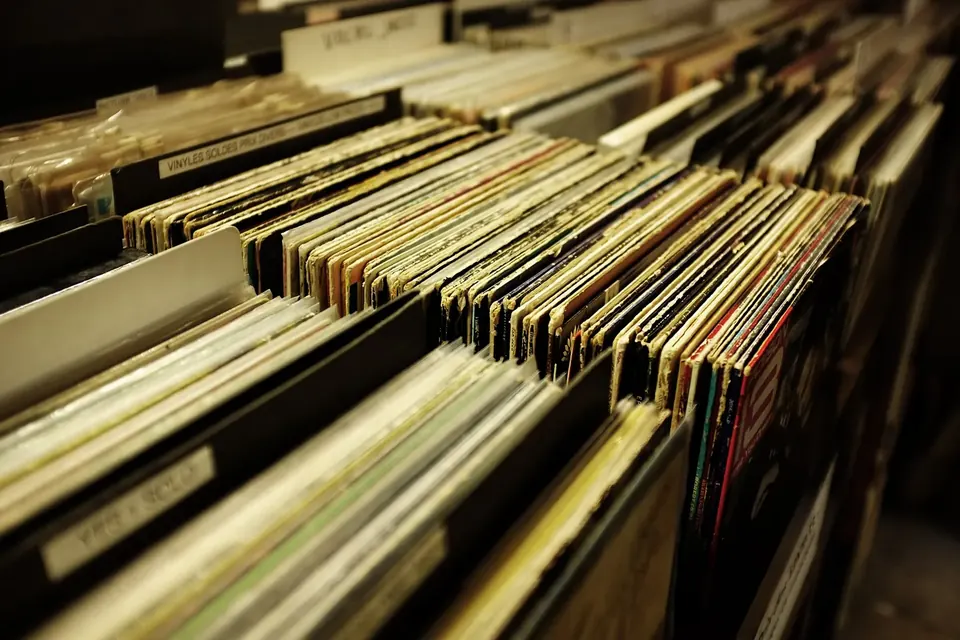 Bacs de vinyles d'occasion chez un disquaire, pochettes serrées les unes contre les autres